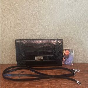 Brighton Travel/Passport Black Croc Embossed  Leather Crossbody Bag